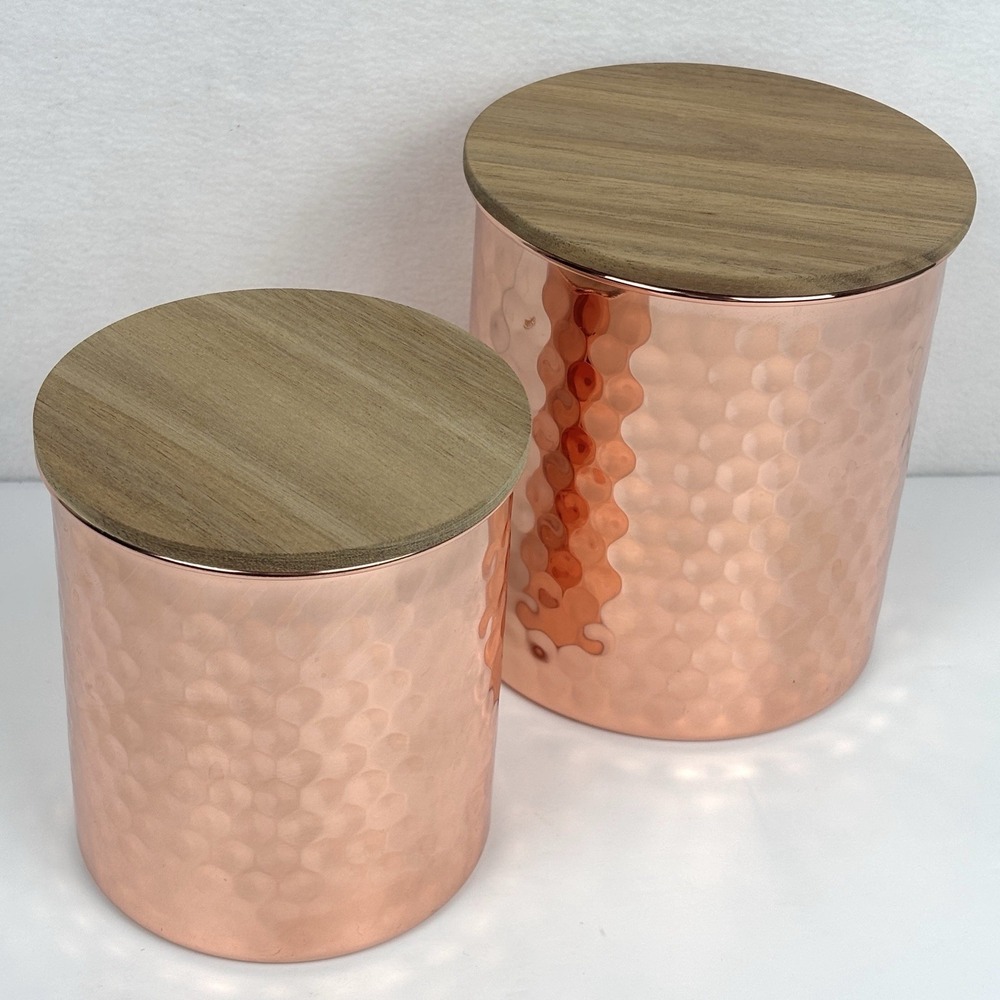 Uncommon James Hammered Copper Canister Set of 2 Acacia Wood Lids Kitchen